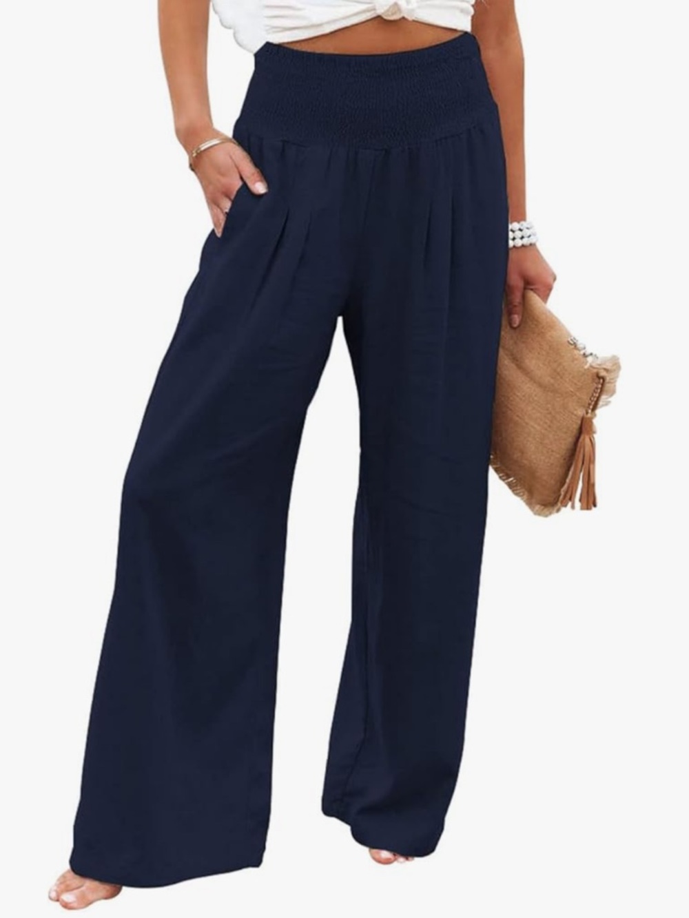 Smocked High-Waist Wide Leg Pants — Navy